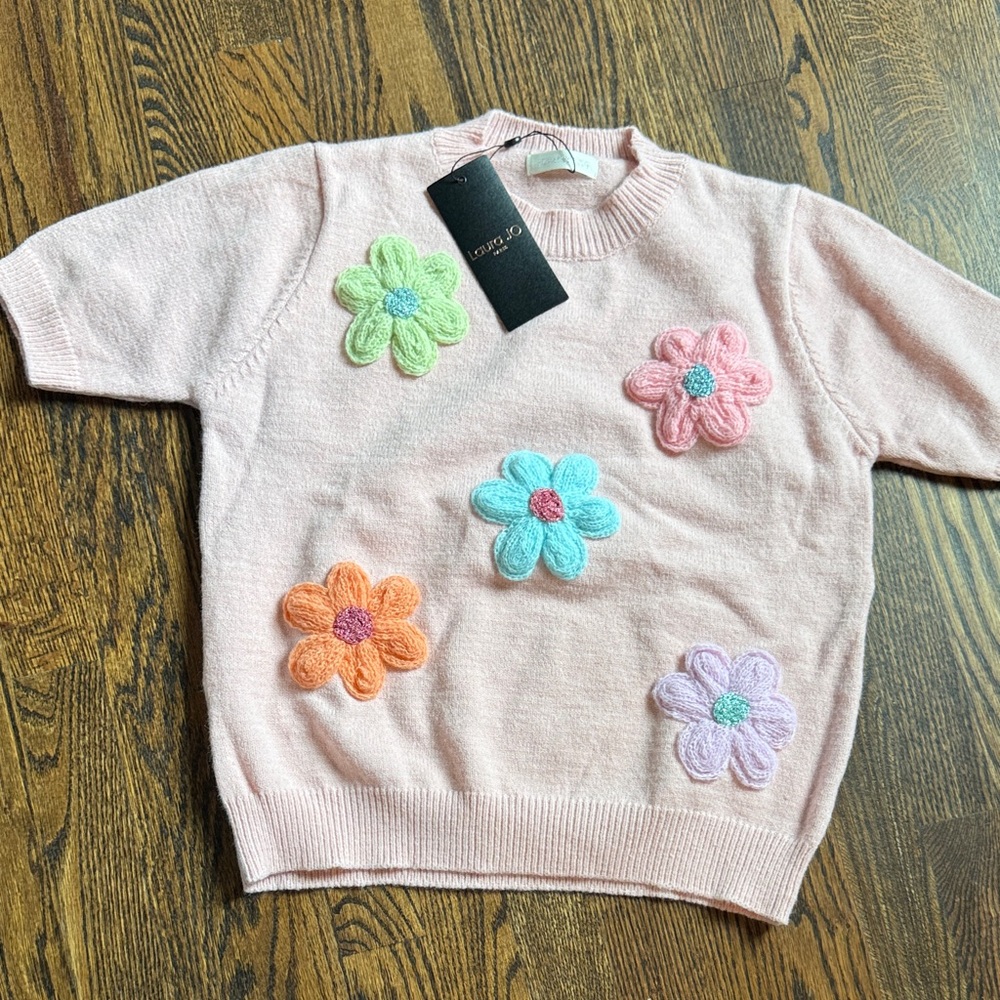 Lou & Grey Pastel Floral Appliqué Crewneck Sweater in Light Pink